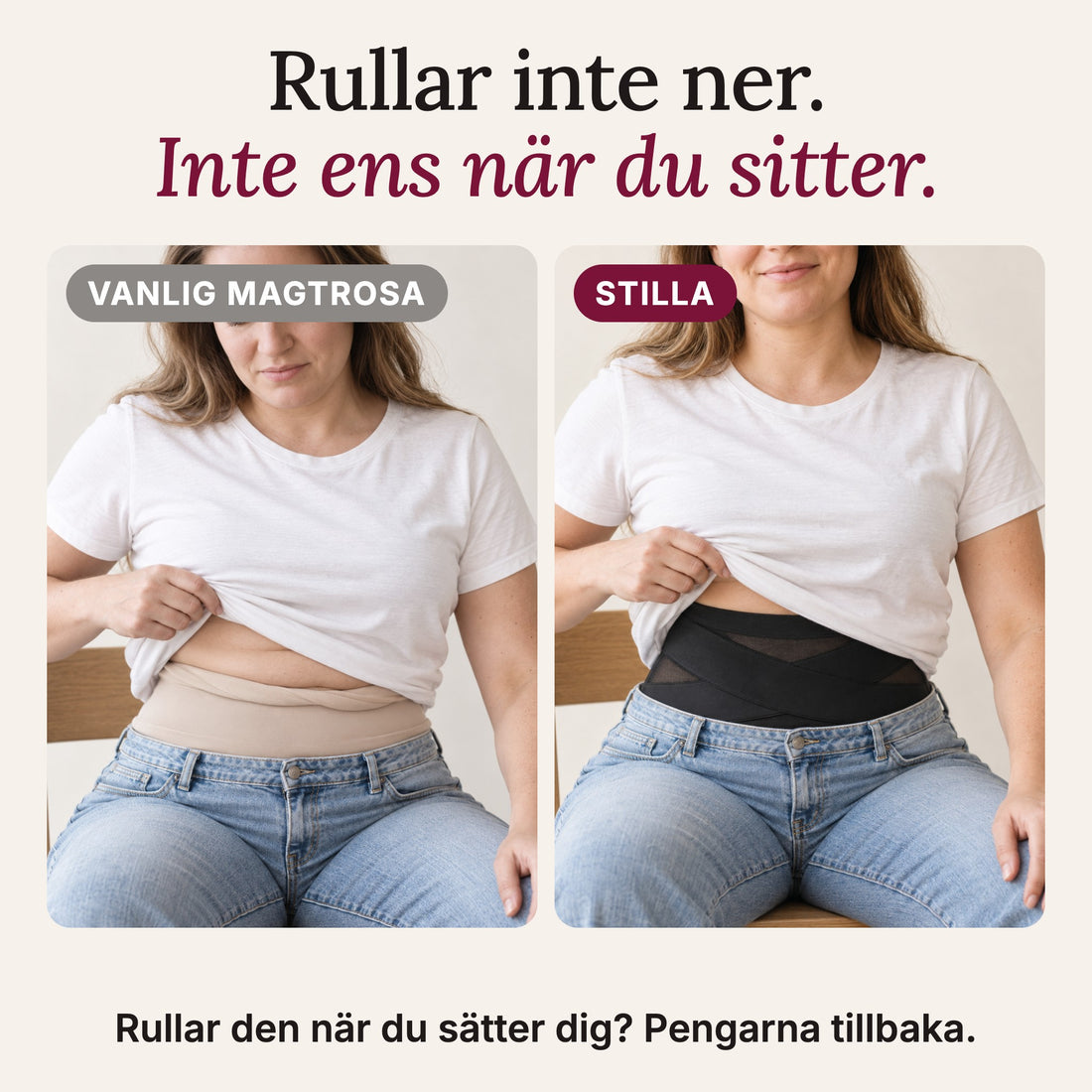 Vanlig magtrosa rullar ner när hon sitter, Stilla sitter kvar