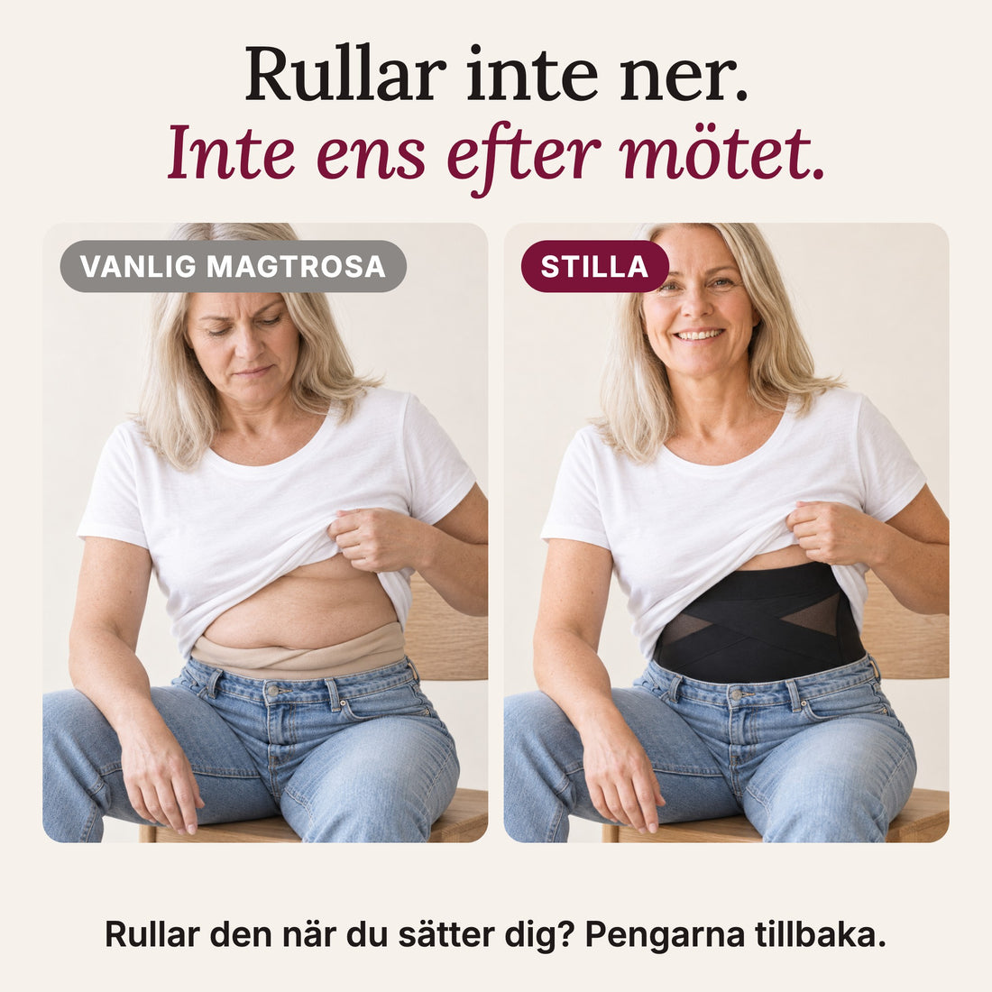 Vanlig magtrosa rullar ner när hon sitter, Stilla sitter kvar