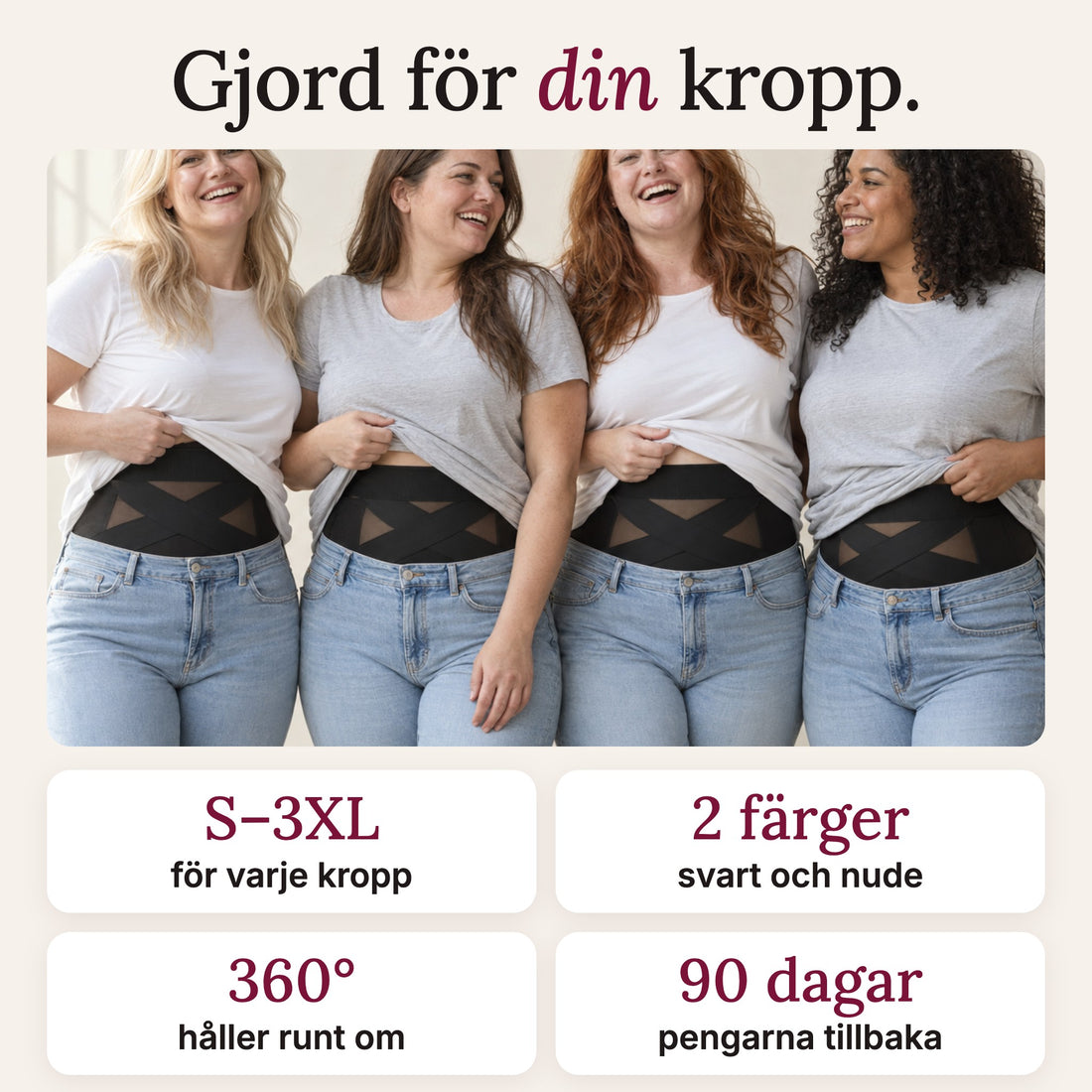 Stilla i storlek S till 3XL på fyra olika kroppar
