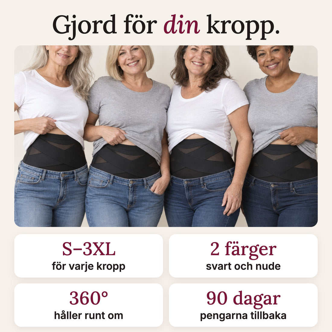 Stilla i storlek S till 3XL på fyra olika kroppar