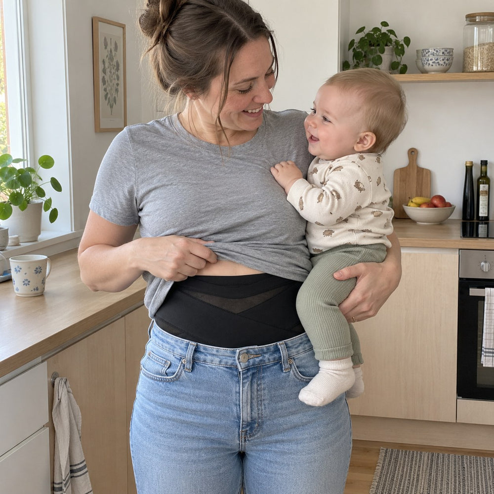Mamma i köket med bebisen på höften, trosans linning syns ovanför jeansen
