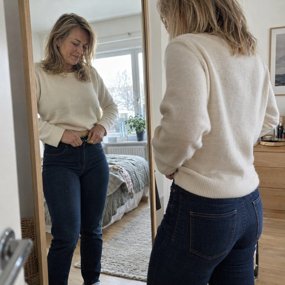 Kvinna i 50-årsåldern knäpper jeansen framför spegeln en morgon